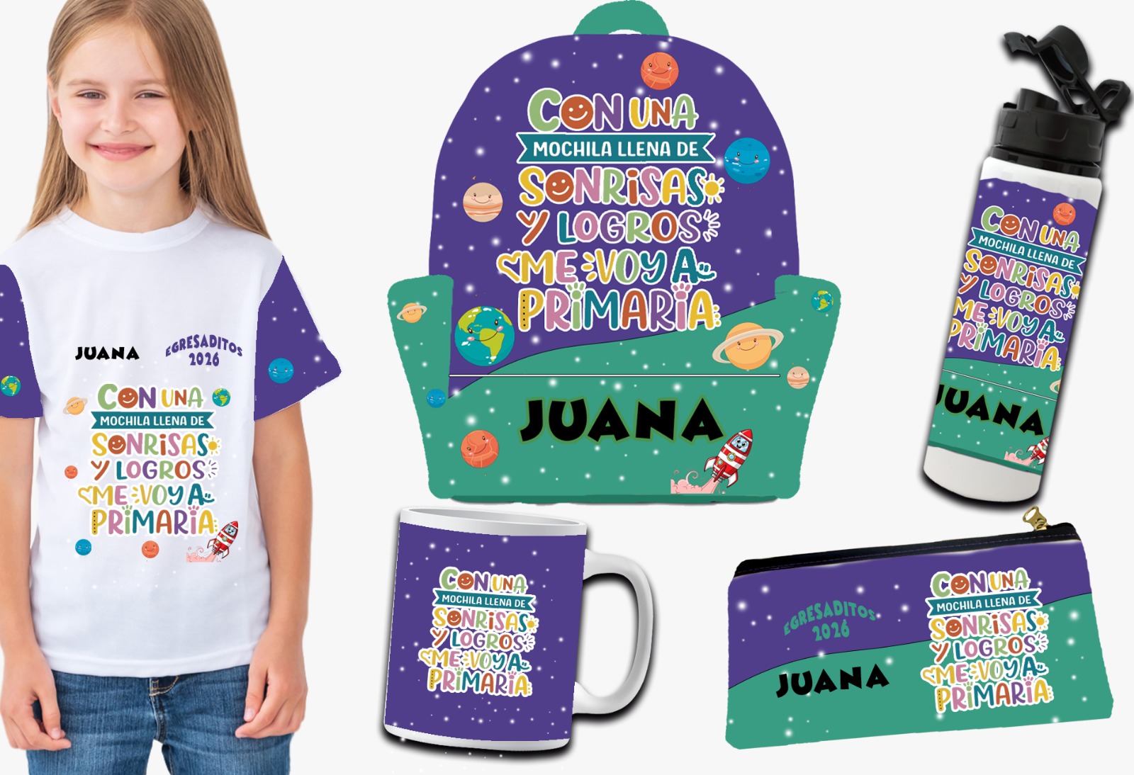 Modelo planetas con una mochila llena de sonrisas